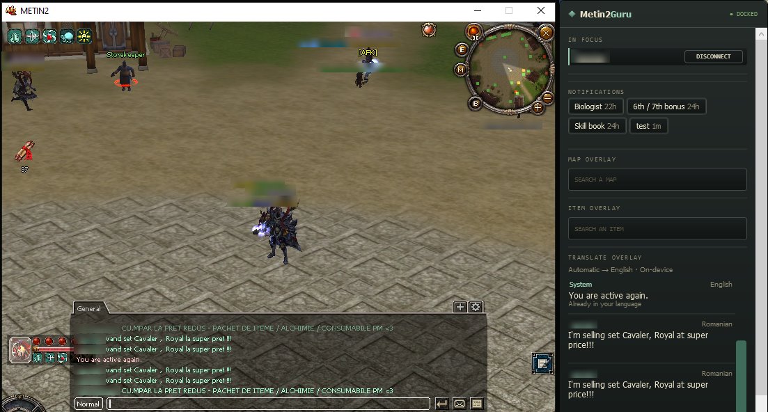 The game's chat open with Romanian messages. The companion shows them translated into English, each with its sender blurred and the language it was written in.