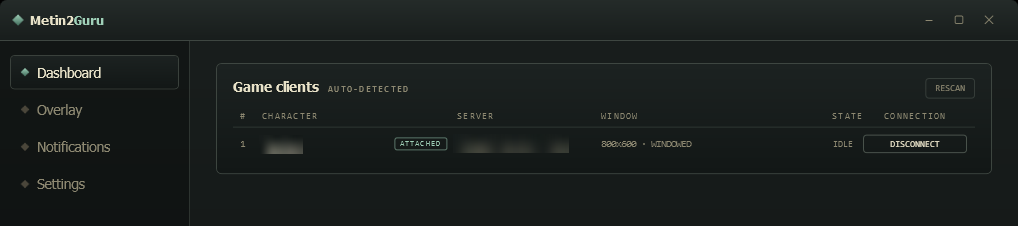 The Dashboard page listing one game client: character and server blurred, attached, 800x600 windowed, idle, with a Disconnect button and a Rescan button.
