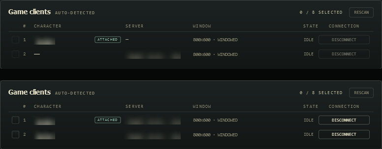 The Game clients table twice. Above, the second client shows a dash for its character and its Disconnect button is greyed out. Below, after it was brought to the front, its character and server are filled in and Disconnect is available.