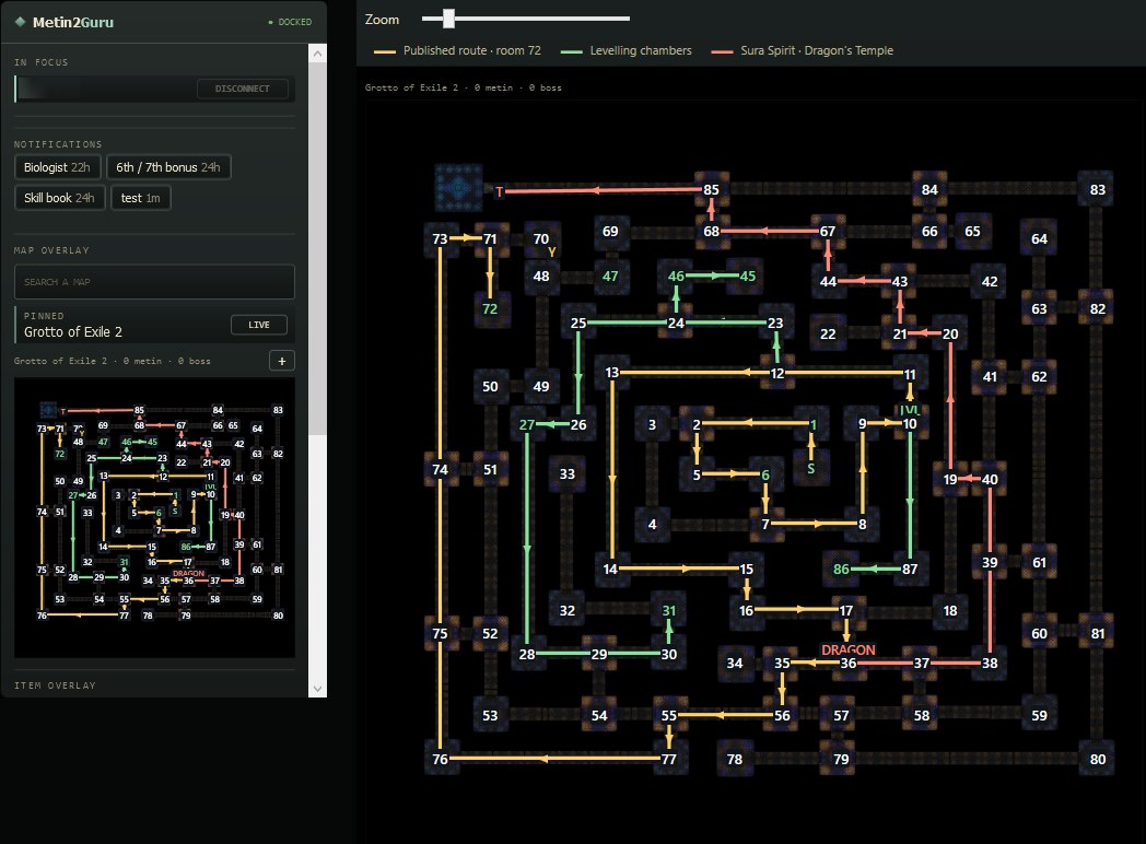 Grotto of Exile 2 pinned in the companion after a search, and the same map enlarged in its own window: numbered rooms, a colour-coded route with arrows, and a legend.