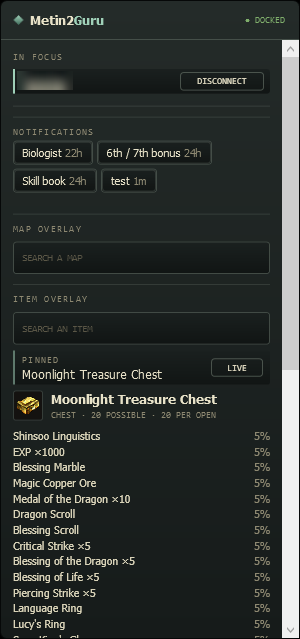 The companion's item search after typing moonlight: Moonlight Treasure Chest is pinned, with a LIVE button, above its drop table.
