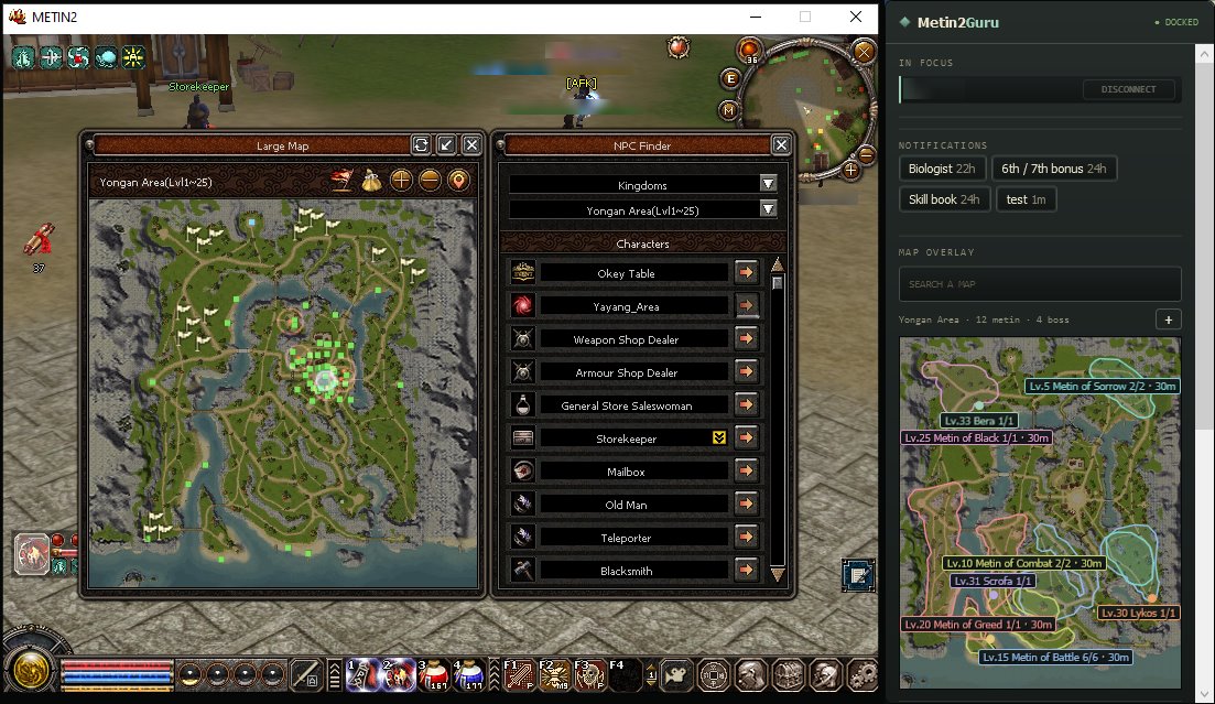 The game's Large Map window open on Yongan Area. Beside it, the companion shows the same map with metin and boss spawn zones outlined and labelled.