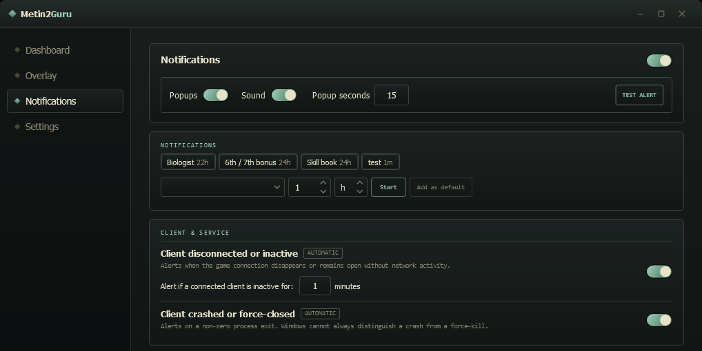 The Notifications page: one line with popup and sound switches, how long a popup stays and a Test alert button; timer shortcuts and a row for making your own; and two client alerts, for a lost connection and for a crash.