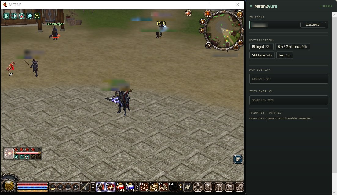 The Metin2 client in a window, with the Mt2Guru companion panel docked against its right edge. The panel shows the client in focus, timer shortcuts, a map search, an item search and the translate section.