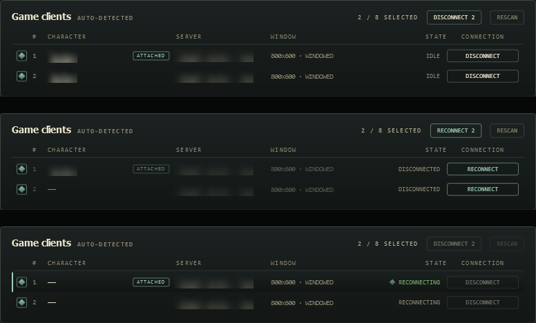 The Game clients table three times. First, two clients ticked and a DISCONNECT 2 button. Second, both disconnected with a RECONNECT 2 button. Third, both reconnecting.