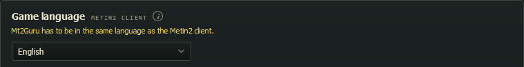The Game language setting, set to English, with the note: Mt2Guru has to be in the same language as the Metin2 client.
