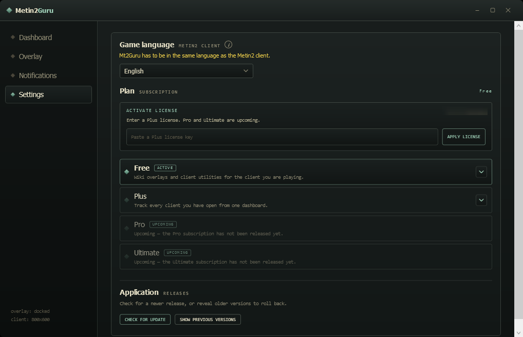The Settings page: the game language selector, the plan section with a box to paste a Plus license and the four tiers, and the application section with Check for update.