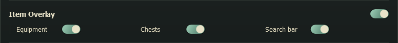 The Item Overlay section of the Overlay page: its main switch, and switches for equipment, chests and the search bar, all on.