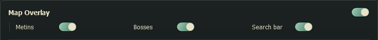 The Map Overlay section of the Overlay page: its main switch, and switches for metins, bosses and the search bar, all on.